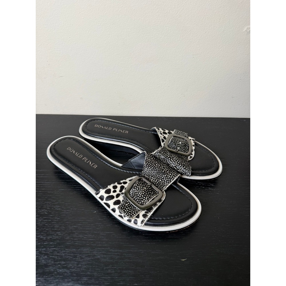 Donald Pliner RINIHC Black White Calf Hair Buckle Slide Sandals Womens 8.5M